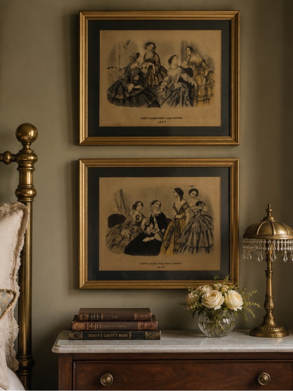 Pair of Vintage Godey’s Americanized Paris Fashions 1847 Framed Prints